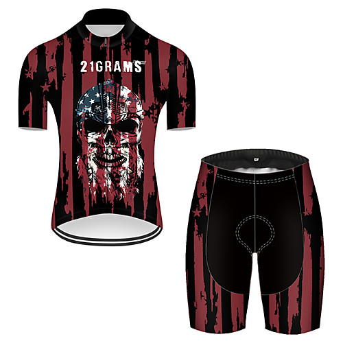 

21Grams Men's Short Sleeve Cycling Jersey with Shorts Nylon Polyester Black / Red Skull American / USA National Flag Bike Clothing Suit Breathable 3D Pad Quick Dry Ultraviolet Resistant Reflective