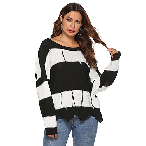 

Women's Striped Long Sleeve Pullover Sweater Jumper, Round Neck Black One-Size