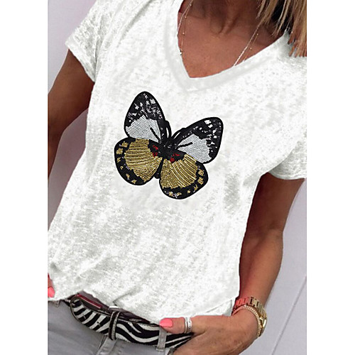 

Women's T-shirt Animal Butterfly Tops - Sequins V Neck Daily White Blue Blushing Pink S M L XL 2XL