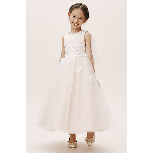 

A-Line Floor Length Wedding / Party Flower Girl Dresses - Satin / Tulle Sleeveless Jewel Neck with Appliques / Solid