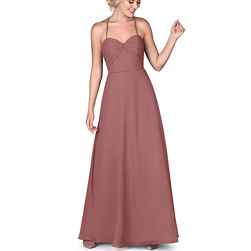 

A-Line Halter Neck Floor Length Chiffon Bridesmaid Dress with Ruching