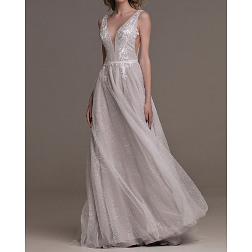 

A-Line Beautiful Back Floral Engagement Formal Evening Dress V Neck Sleeveless Sweep / Brush Train Tulle with Pleats Appliques 2021