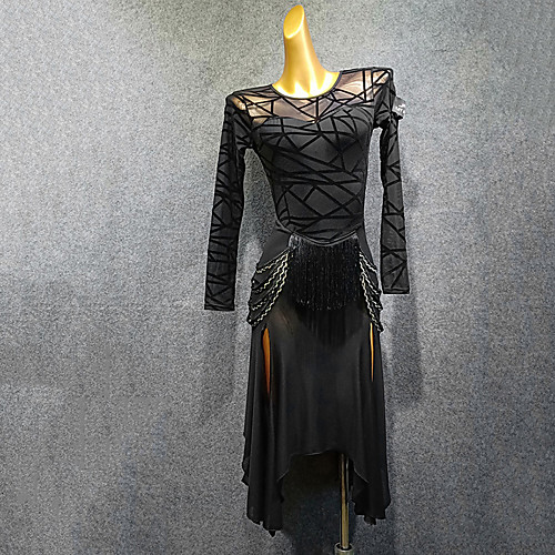 

Latin Dance Dress Tassel Split Joint Women's Training Performance Long Sleeve Mesh Flocking