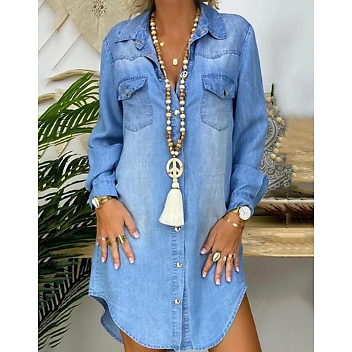 

Women's Denim Shirt Dress Knee Length Dress Light Blue Long Sleeve Pocket Button Front Summer Shirt Collar Hot Casual 2021 S M L XL XXL 3XL