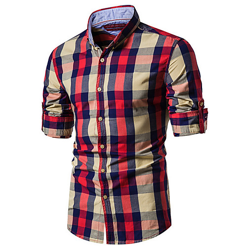 

Men's Shirt Plaid Long Sleeve Daily Tops Cotton Black Red Khaki