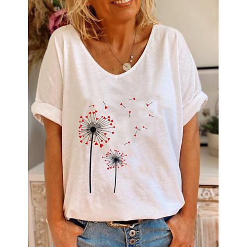 

Women's Tops Floral T-shirt V Neck Daily Summer White S M L XL 2XL 3XL