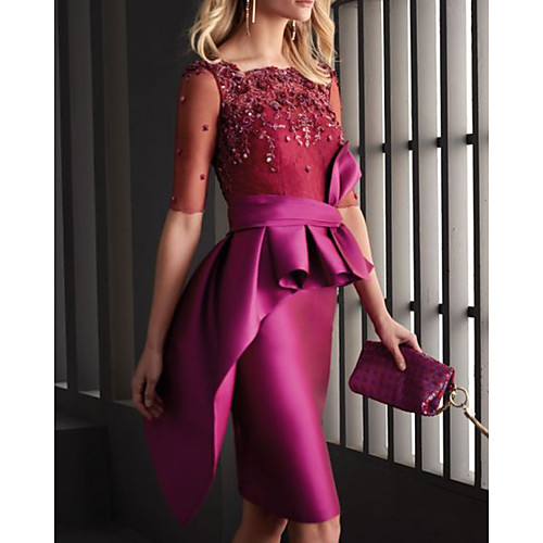 

Sheath / Column Mother of the Bride Dress Elegant Jewel Neck Knee Length Satin Half Sleeve with Pleats Appliques 2021