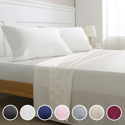 

4 Piece Hotel Luxury Soft Premium Silk Solid Color Bed Sheets Set Deep Pockets Hypoallergenic Wrinkle & Fade Resistant Bedding Set