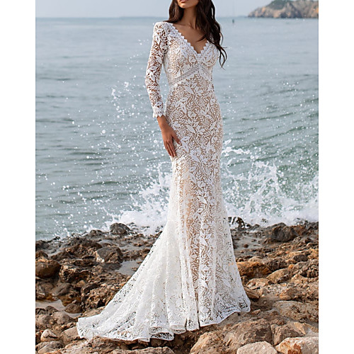 

Mermaid / Trumpet Wedding Dresses V Neck Sweep / Brush Train Lace Long Sleeve Beach Sexy See-Through with Embroidery 2020