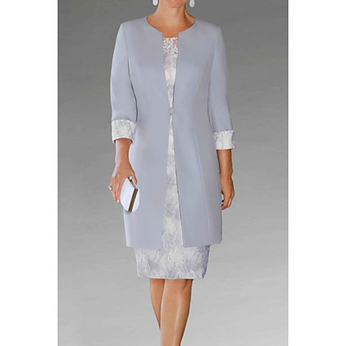 

Sheath / Column Mother of the Bride Dress Plus Size Jewel Neck Knee Length Lace Polyester 3/4 Length Sleeve with Lace 2021