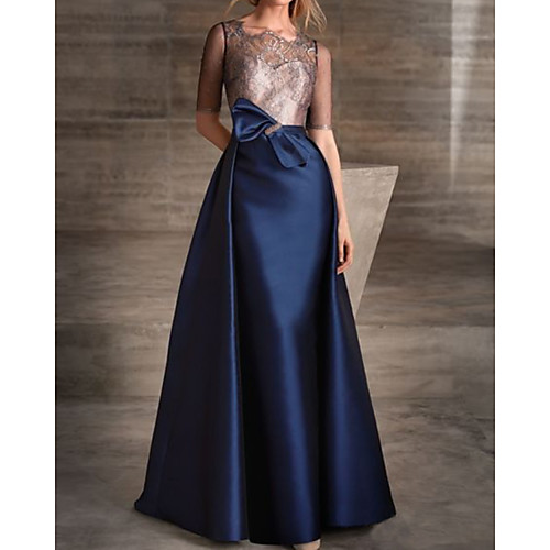 

A-Line Color Block Elegant Engagement Formal Evening Dress Illusion Neck Half Sleeve Floor Length Lace Satin with Bow(s) 2020