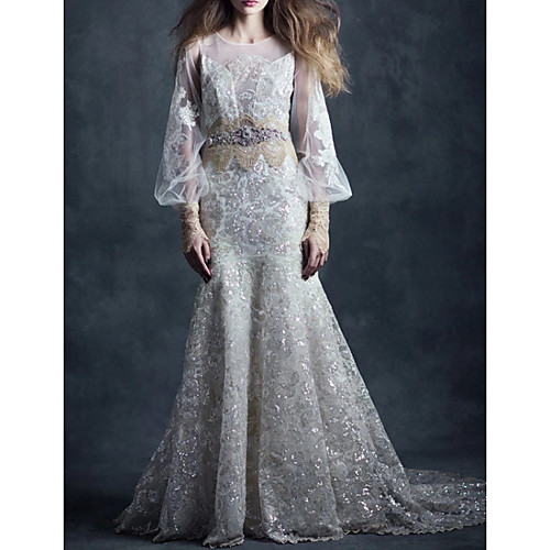 

A-Line Wedding Dresses Jewel Neck Sweep / Brush Train Lace Sequined Long Sleeve Country Illusion Sleeve with Appliques Crystal Brooch 2020