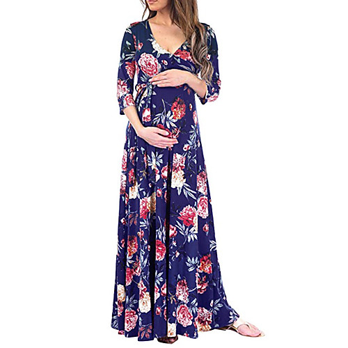 

Women's A-Line Dress Maxi long Dress - 3/4 Length Sleeve Floral Summer Boho 2020 Black Blue Blushing Pink S M L XL