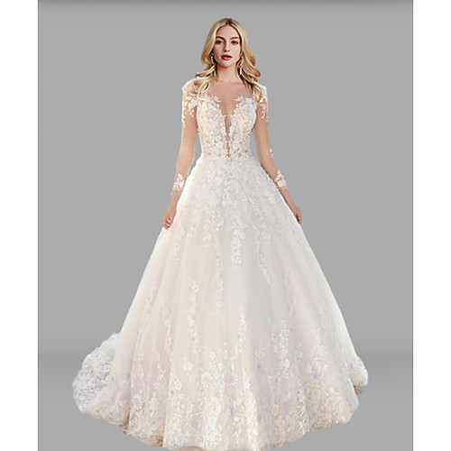 

Ball Gown A-Line Wedding Dresses Jewel Neck Sweep / Brush Train Lace Tulle Long Sleeve Formal Sexy Backless Illusion Sleeve with Embroidery Appliques 2020