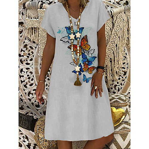 

Women's A-Line Dress Knee Length Dress - Short Sleeves Print Butterfly Summer Casual Boho Daily 2020 White M L XL XXL XXXL