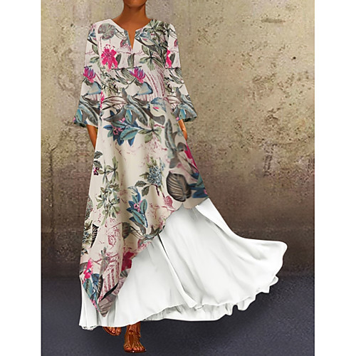 

Women's Swing Dress Maxi long Dress White Yellow Long Sleeve Color Block V Neck Hot M L XL XXL 3XL 4XL 5XL / Plus Size