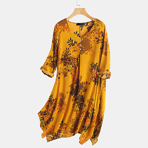 

Women's Shift Dress Knee Length Dress - 3/4 Length Sleeve Floral Print Spring Fall Casual Daily 2020 Yellow Green M L XL XXL XXXL XXXXL XXXXXL