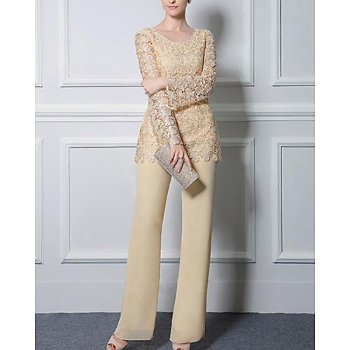 

Two Piece Pantsuit / Jumpsuit Mother of the Bride Dress Elegant Jewel Neck Floor Length Chiffon Lace Long Sleeve with Embroidery 2021