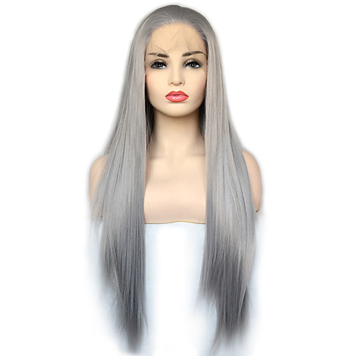 

Vogue Queen Grey Long Straight Synthetic Lace Front Wig Heat Resistant Fiber Daily Wearing For Women