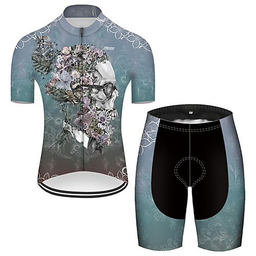 

21Grams Men's Short Sleeve Cycling Jersey with Shorts Nylon Polyester Blue Novelty Skull Floral Botanical Bike Clothing Suit Breathable 3D Pad Quick Dry Ultraviolet Resistant Reflective Strips Sports