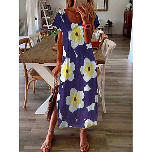 

Women's Shift Dress Midi Dress - Short Sleeves Floral Print Summer Casual Daily 2020 Blue M L XL XXL XXXL