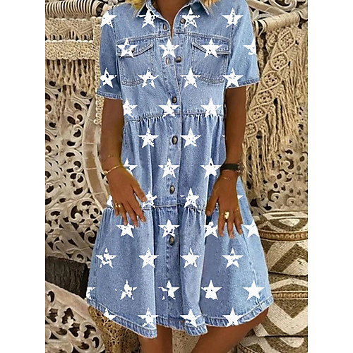 

Women's Denim Shirt Dress Knee Length Dress Blue Short Sleeve Star Button Front Print Summer Shirt Collar Casual 2021 M L XL XXL 3XL