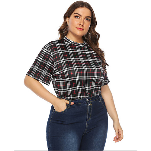 

Women's T-shirt Plus Size Check Tops Round Neck Daily Summer Black L XL 2XL 3XL 4XL