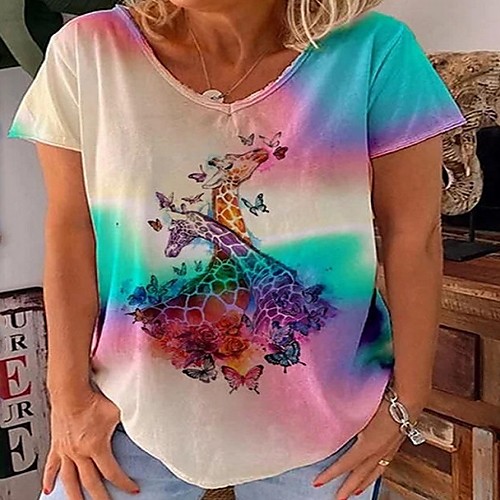 

Women's T-shirt Animal Tops V Neck Daily Summer Rainbow S M L XL 2XL 3XL 4XL 5XL