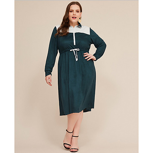 

Women's Plus Size Shirt Dress Knee Length Dress - Long Sleeve Color Block Fall V Neck Shirt Collar Casual Vintage 2020 Green XL XXL XXXL XXXXL XXXXXL