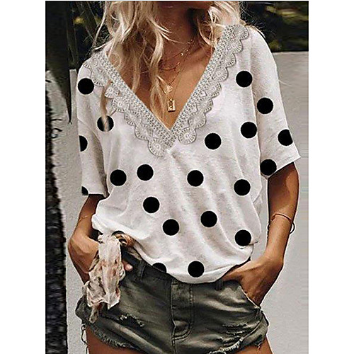 

Women's T-shirt Polka Dot Tops V Neck Daily Summer White Orange Green S M L XL