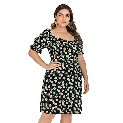 

Women's Plus Size A-Line Dress Knee Length Dress - Short Sleeves Floral Summer Casual Vintage 2020 Black L XXXL XXXXL