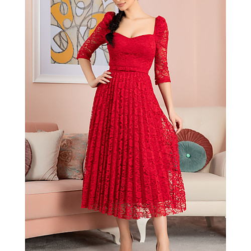 

A-Line Minimalist Elegant Engagement Prom Dress Scoop Neck Half Sleeve Tea Length Lace with Pleats 2021