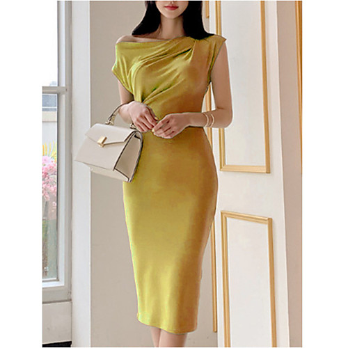 

Women's Sheath Dress Midi Dress - Short Sleeves Solid Color Ruched Spring Summer Elegant Party 2020 Yellow S M L XL