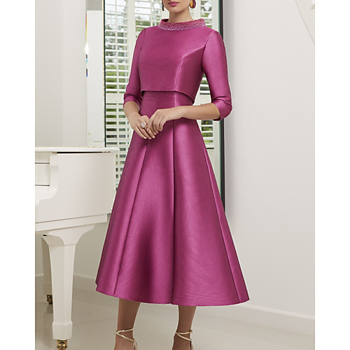 

Two Piece A-Line Mother of the Bride Dress Elegant Jewel Neck Ankle Length Satin 3/4 Length Sleeve with Pleats Beading 2020