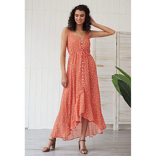 

Women's Swing Dress Maxi long Dress - Sleeveless Polka Dot Solid Color Button Summer Elegant Going out Beach 2020 Red XS S M L XL