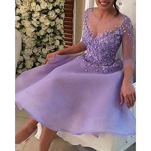 

A-Line Beautiful Back Floral Homecoming Cocktail Party Dress Illusion Neck Half Sleeve Short / Mini Chiffon with Appliques 2020