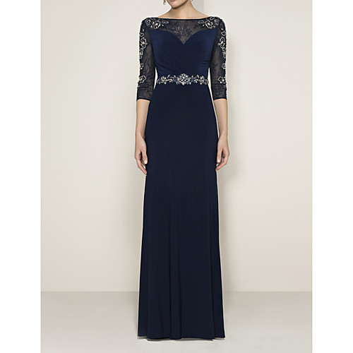 

A-Line Mother of the Bride Dress Elegant Jewel Neck Floor Length Chiffon Lace 3/4 Length Sleeve with Sash / Ribbon Crystals Beading 2020