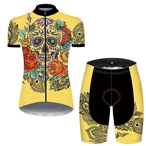 

21Grams Women's Short Sleeve Cycling Jersey with Shorts Black / Yellow Skull Bike Breathable Sports Patterned Mountain Bike MTB Road Bike Cycling Clothing Apparel / Stretchy