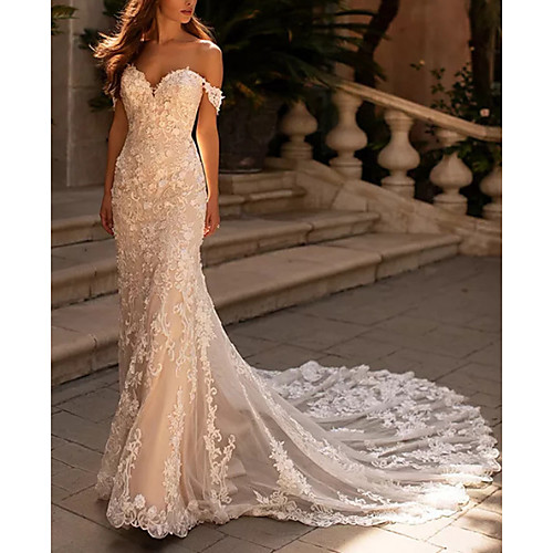 

Mermaid / Trumpet Wedding Dresses Sweetheart Neckline Chapel Train Lace Tulle Cap Sleeve Vintage Sexy with Appliques 2020