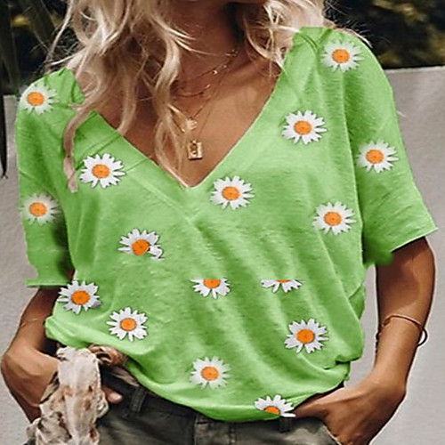 

Women's T shirt Floral Flower V Neck Tops Basic Top Black Blue Yellow