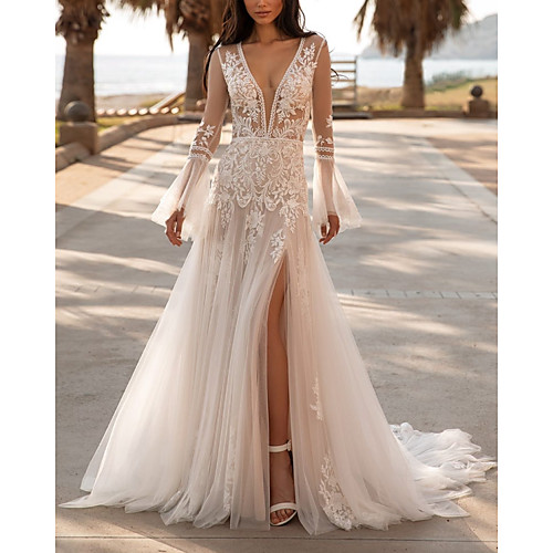 

A-Line Wedding Dresses V Neck Sweep / Brush Train Lace Tulle Long Sleeve Beach Sexy See-Through with Appliques Split Front 2020