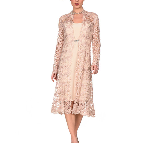 

Two Piece Sheath / Column Mother of the Bride Dress Elegant Jewel Neck Knee Length Chiffon Lace Long Sleeve with Embroidery 2020