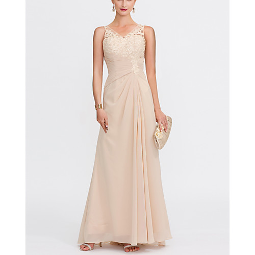 

Sheath / Column Elegant Minimalist Engagement Prom Dress V Neck Sleeveless Floor Length Chiffon Lace Tulle with Pleats Lace Insert 2020