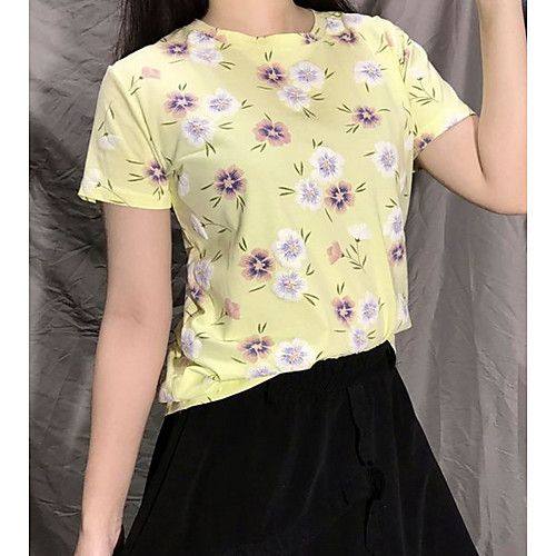 

Women's T-shirt Floral Tops Round Neck Daily White Blue Yellow Blushing Pink One-Size