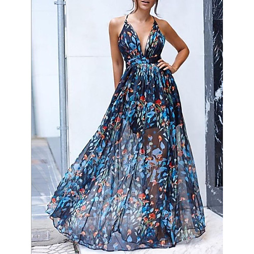 

Women's Chiffon Dress Maxi long Dress - Sleeveless Floral Summer Sexy 2020 Blue S M L XL