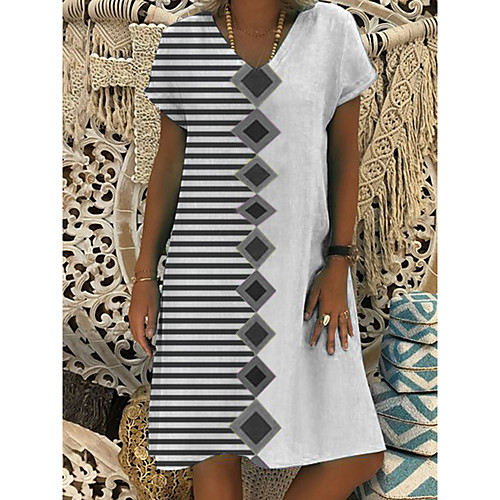 

Women's A-Line Dress Knee Length Dress - Short Sleeves Striped Check Print Summer V Neck Casual Boho Daily Vacation 2020 Gray M L XL XXL XXXL