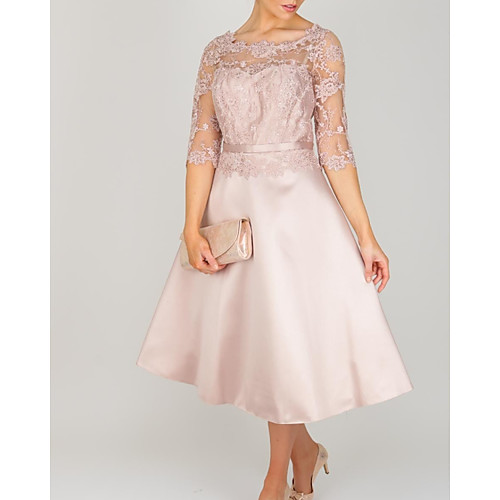

A-Line Mother of the Bride Dress Elegant Jewel Neck Tea Length Lace Satin 3/4 Length Sleeve with Embroidery 2021