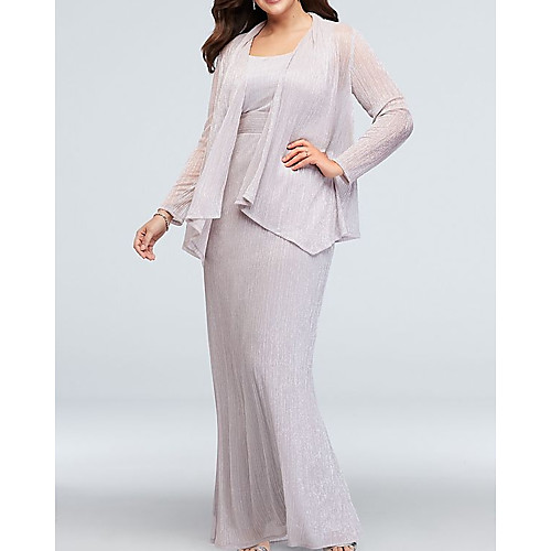 

Two Piece Sheath / Column Mother of the Bride Dress Elegant Plus Size Scoop Neck Floor Length Chiffon Long Sleeve with Sequin Split Front 2020
