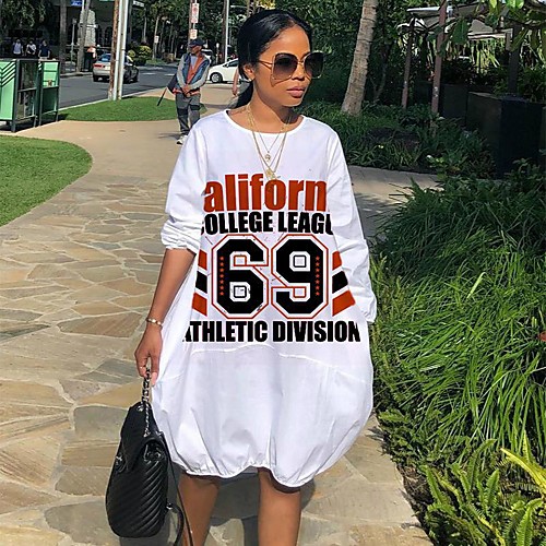 

Women's Shift Dress Knee Length Dress - Long Sleeve Letter Print Spring Summer Casual Daily 2020 White S M L XL