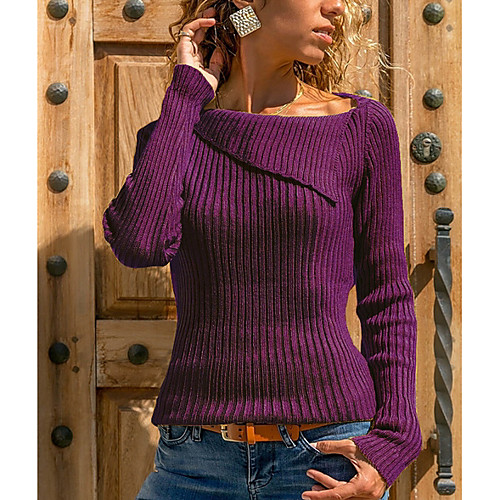 

Women's Solid Colored Pullover Long Sleeve Sweater Cardigans Boat Neck Black Blue Purple